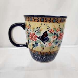 Unikat Polish Pottery Boleslawiec 10oz Mug Butterfies Flowers Blue Yellow Signed
